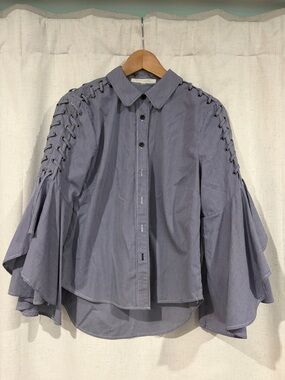 Jonathan Simkhai Slate Blue Lace-Up Bell Sleeve Button-Down